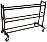 A black metal cart featuring four shelves, designed for storage and organization.